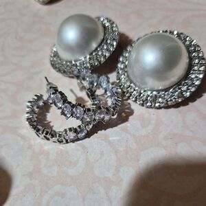 Silver White Pearl Earings And Hoops